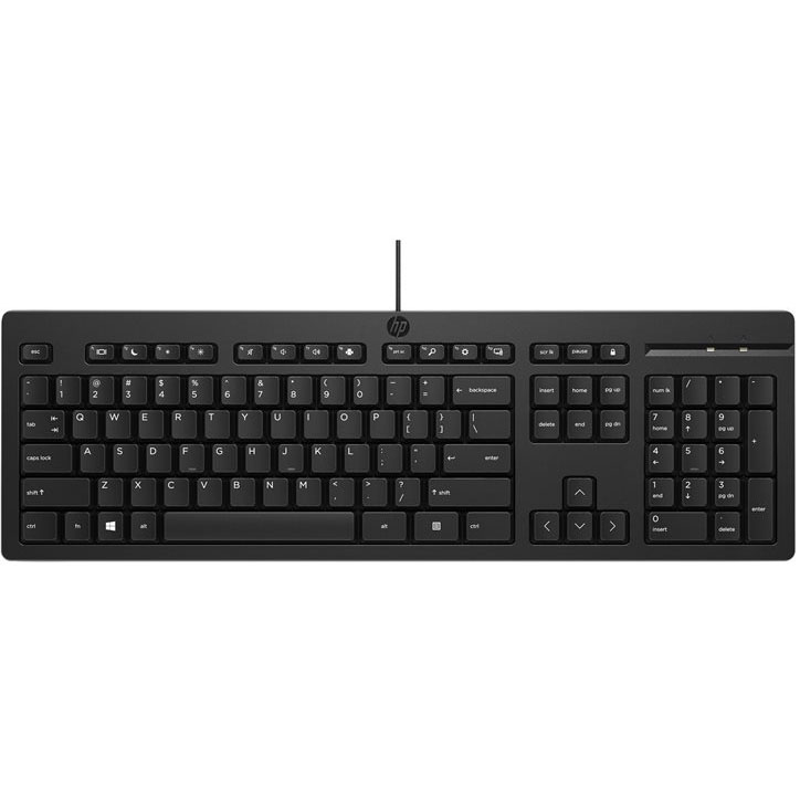 Teclado computador HP preto com fio e teclas alfanuméricas.