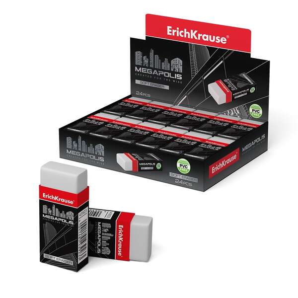 Borrachas ErichKrause Megapolis Soft Eraser em embalagem preto, vermelho e cinzento