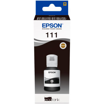 Frasco de tinta Epson EcoTank 111 com embalagem branca, azul e preto