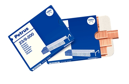 Caixas de grampos PETRUS 23/6-200 azuis e brancas com grampos metálicos