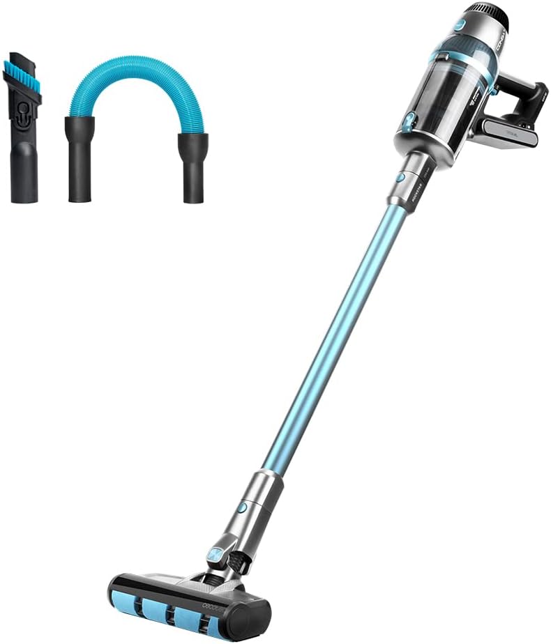 aspirador vertical sem fios azul e prateado com acessórios