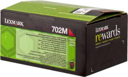 Caixa de toner Lexmark 702M preta e verde com texto e slogan Lexmark rewards
