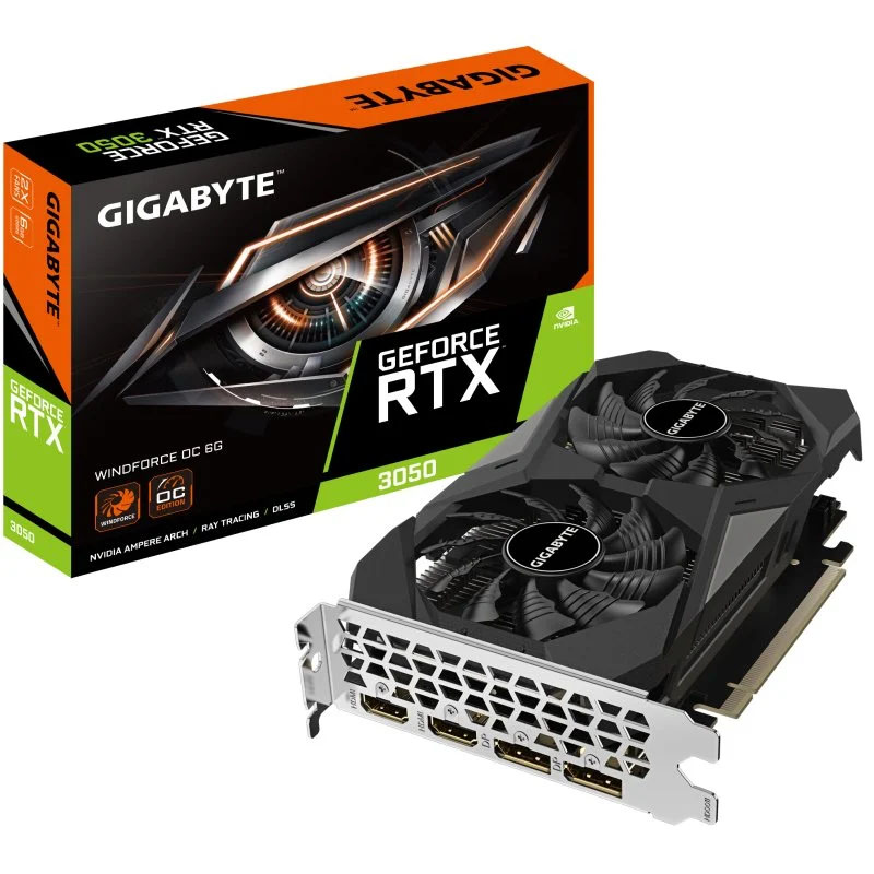 Placa gráfica GIGABYTE GEFORCE RTX 3050 com caixa e cooler duplo