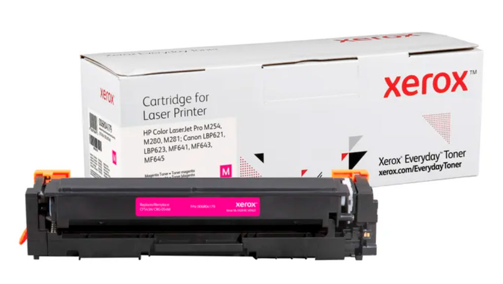 Cartucho magenta para impressora laser Xerox com caixa branca e vermelho