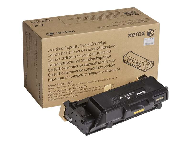 Cartucho de toner preto da Xerox com caixa castanha ao fundo