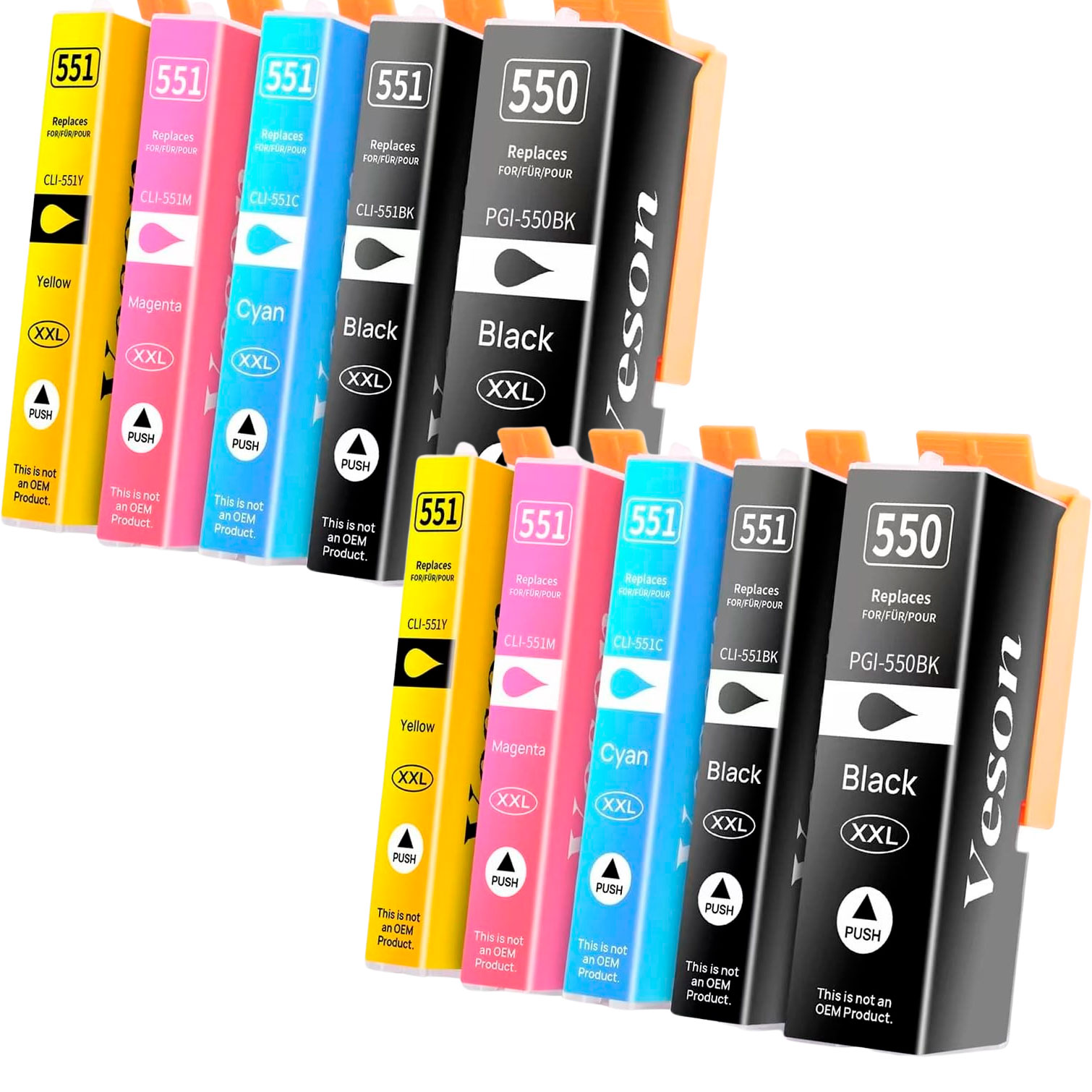 Tinteiros de impressora coloridos com etiquetas e texto informativo