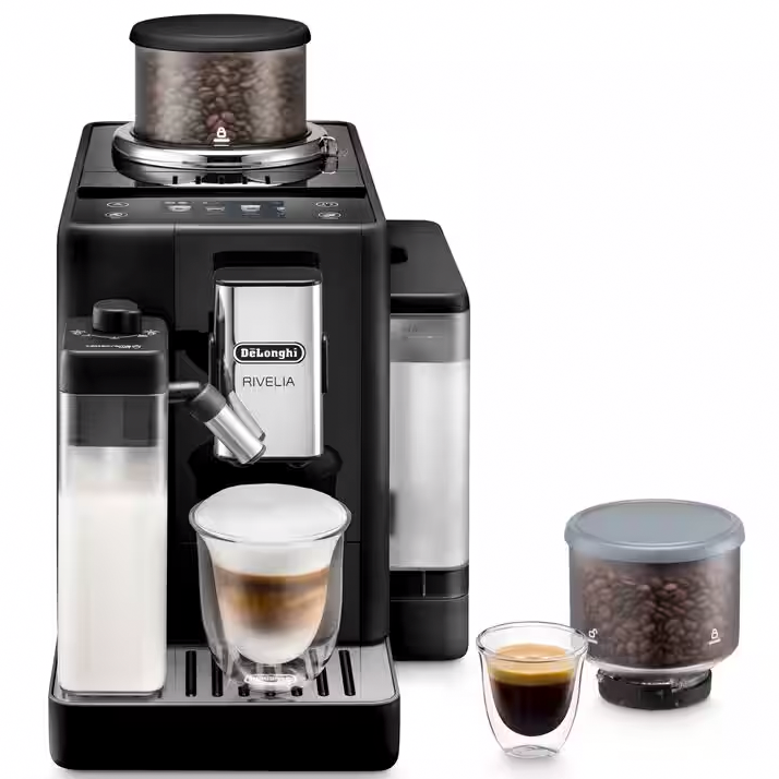 Máquina de café automática DeLonghi Rivelia com reservatório de leite e grãos de café