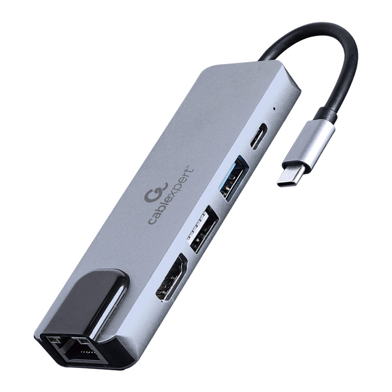 Adaptador USB-C prateado com múltiplas portas da cablexpert