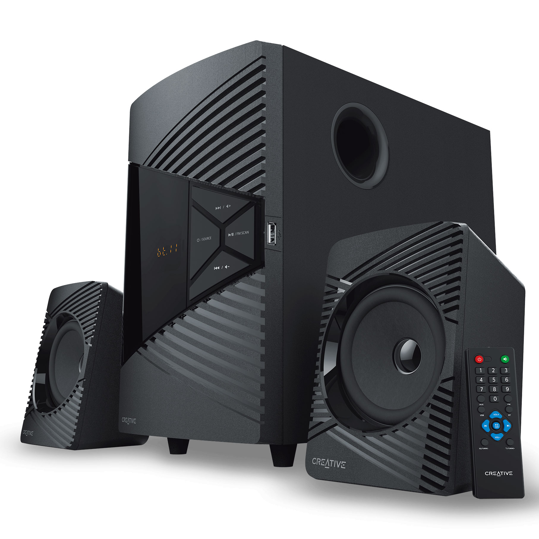 Sistema de altifalantes Creative preto com subwoofer, duas colunas e comando remoto