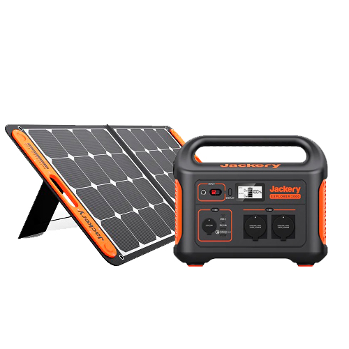 Carregador solar portátil Jackery preto e laranja com painel solar dobrável e estação de energia