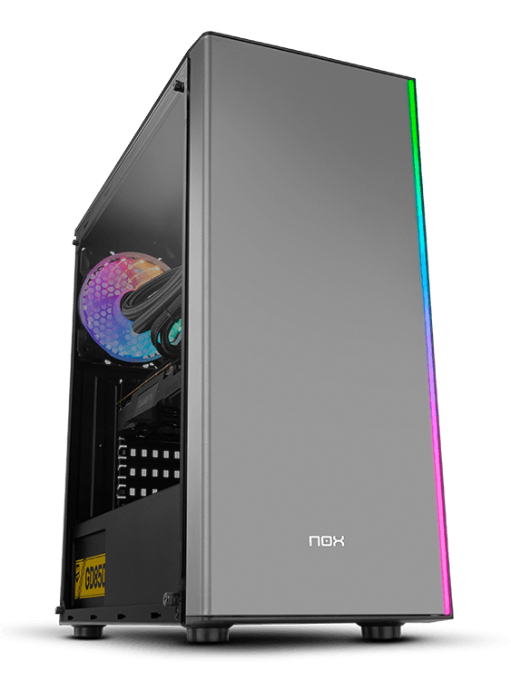 Computador de secretária cinza com iluminação RGB e painel lateral de vidro