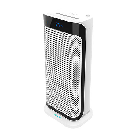 Purificador de ar branco com visor digital azul e botões no topo