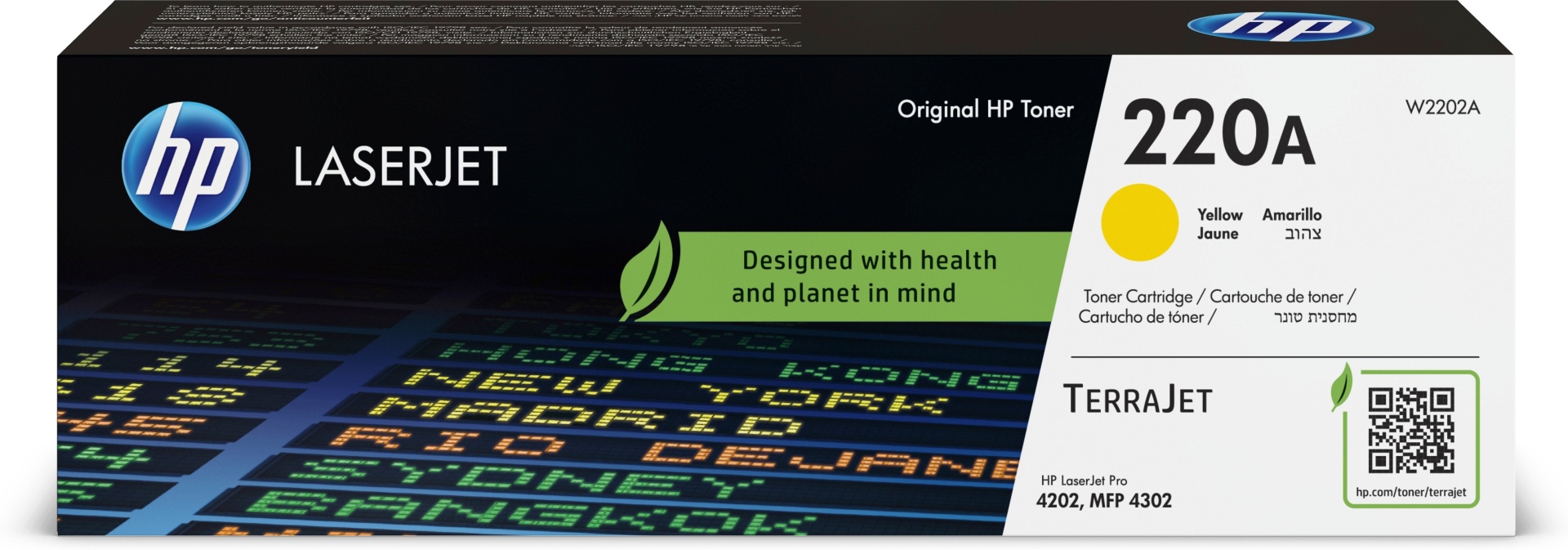 Caixa de toner HP LaserJet 220A amarelo com texto e código QR.