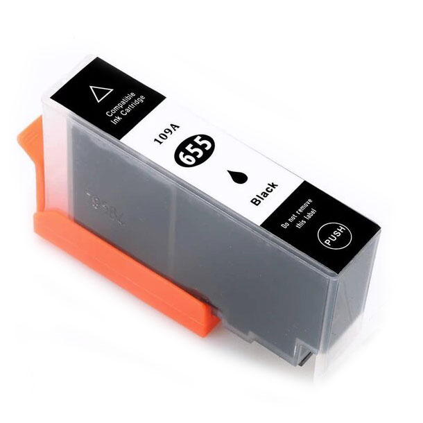 Cartucho de tinta preto 655 com peça laranja em fundo branco