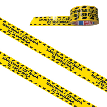 Fita adesiva amarela para demarcação com texto de segurança.