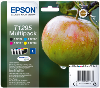 Embalagem multipack de tinteiros Epson T1295 com imagem de uma maçã verde