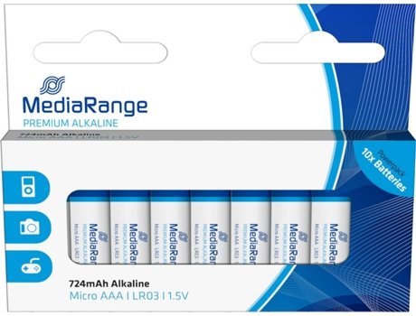 Pack de 10 pilhas MediaRange Micro AAA alcalinas em embalagem branca e azul