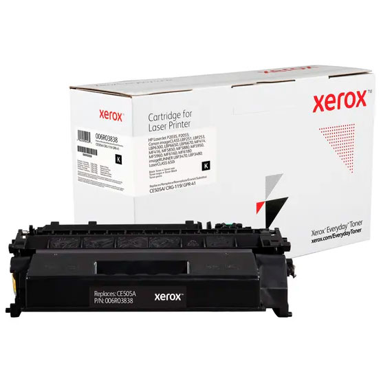 Cartucho de toner preto para impressora laser Xerox com embalagem branca ao fundo
