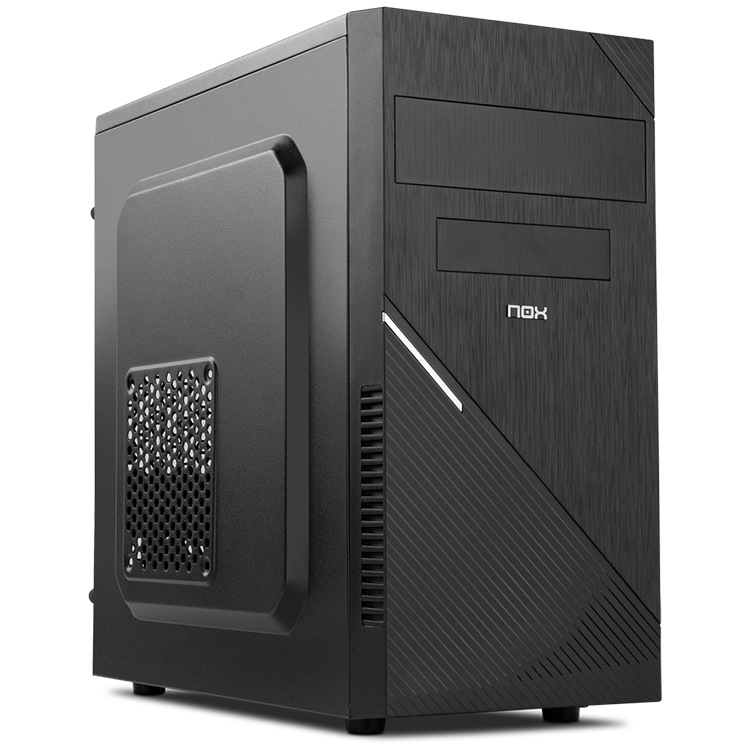 Computador de secretária preto NOX com ventilação lateral e ranhuras frontais