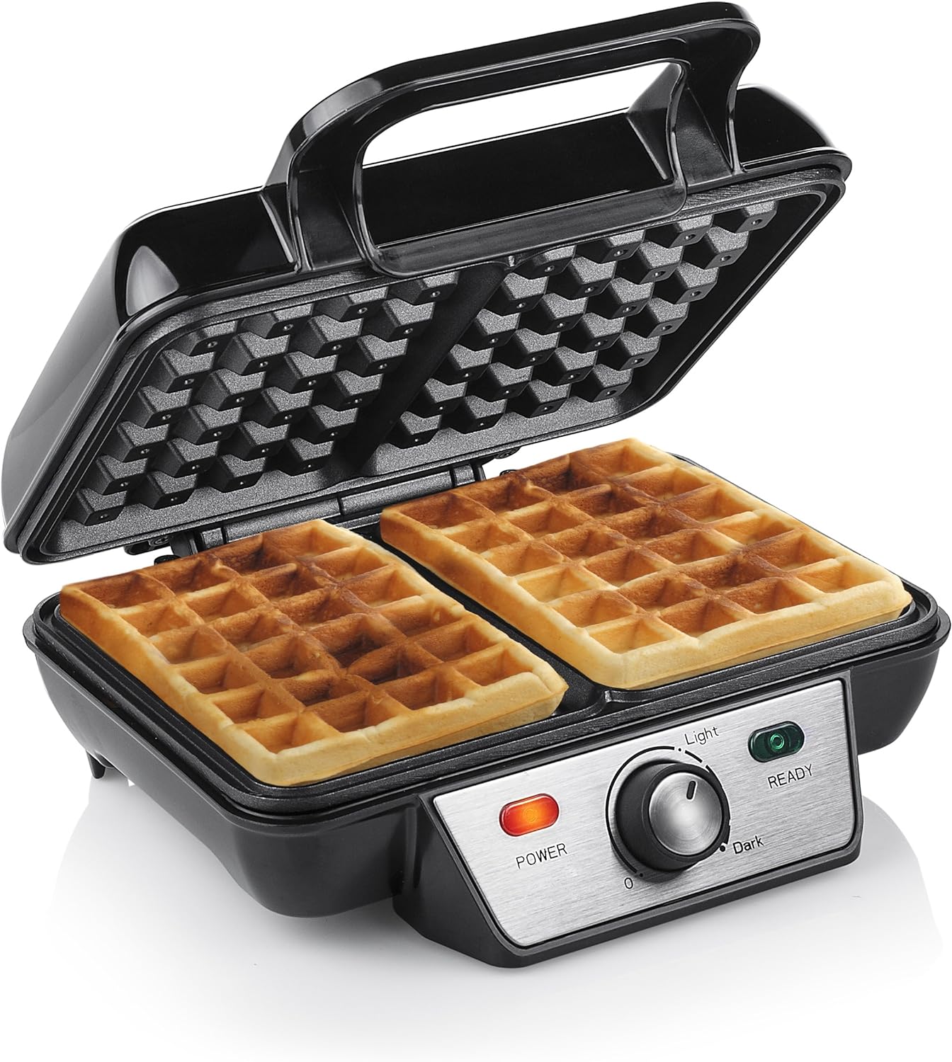Máquina de waffles preta com waffles douradas e painel com botões e luzes indicadoras.