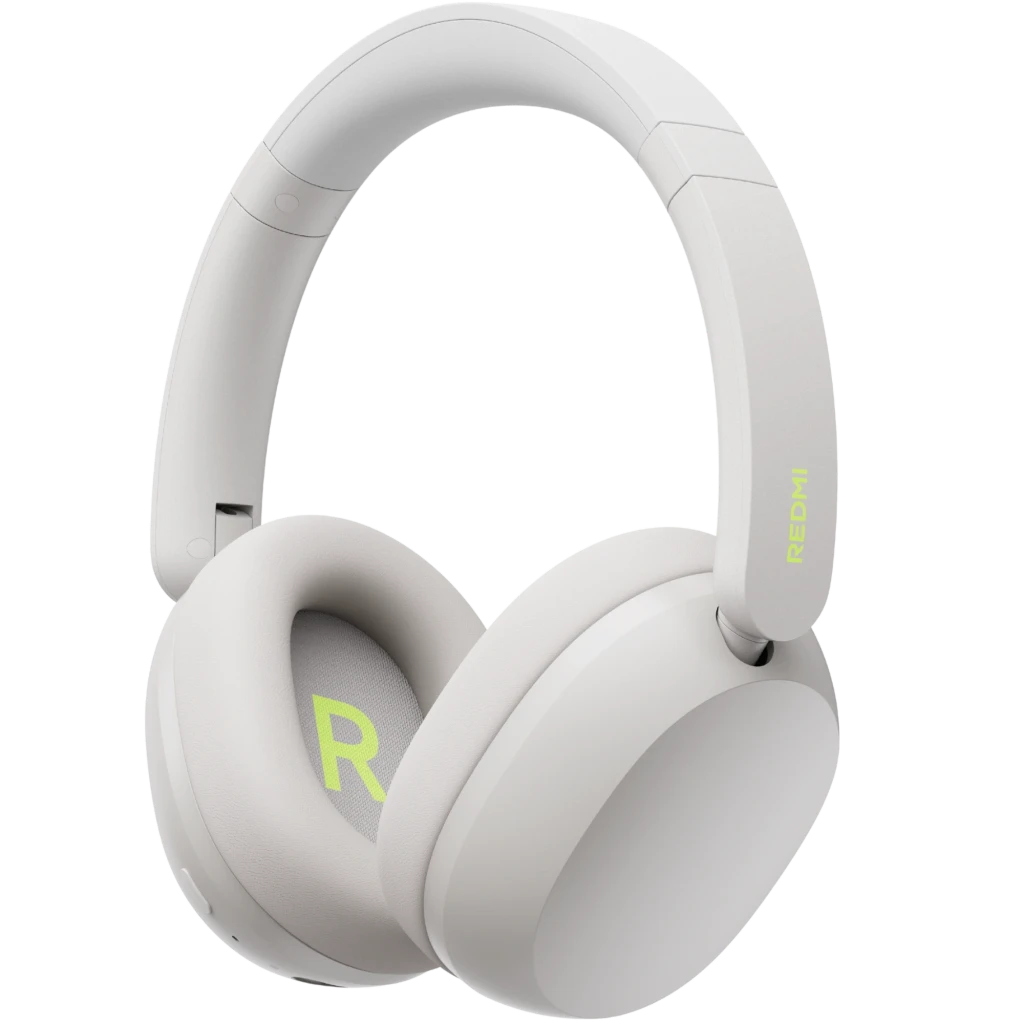Auriculares sem fios over-ear brancos REDMI com almofadas e letra R interior verde