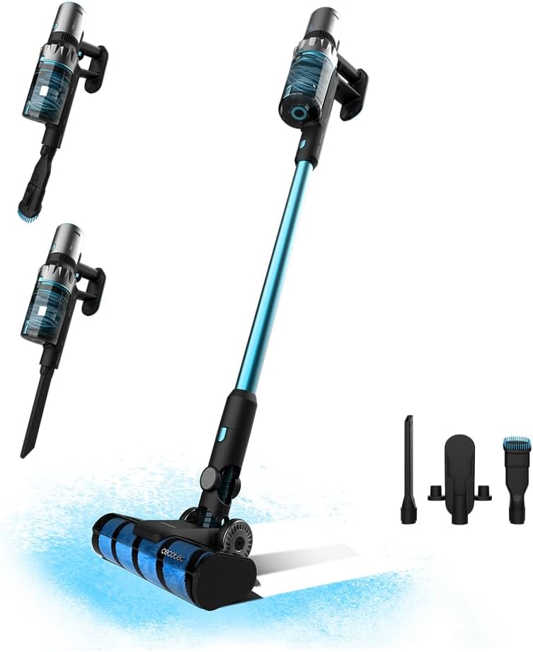 aspirador sem fios azul e preto com tubo metálico e acessórios