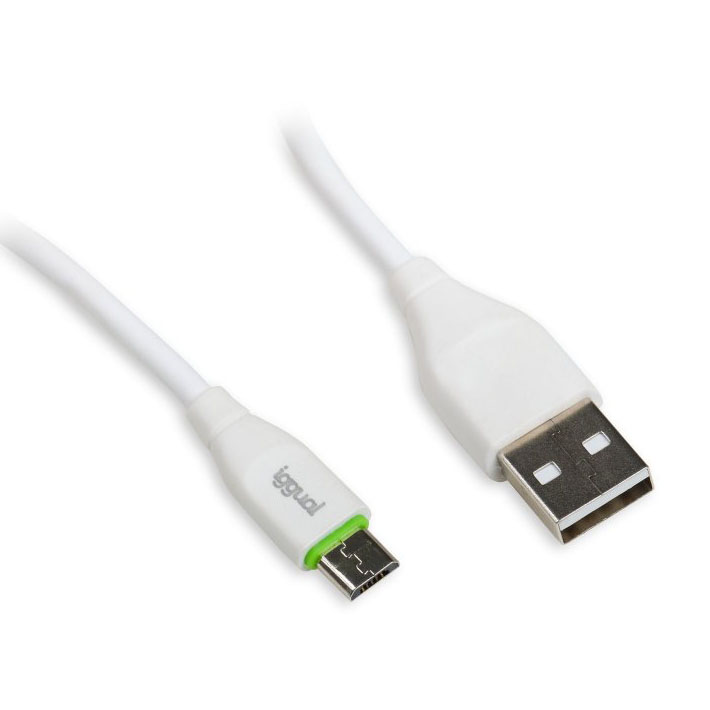 Cabo USB branco com conector USB e micro USB com detalhe verde