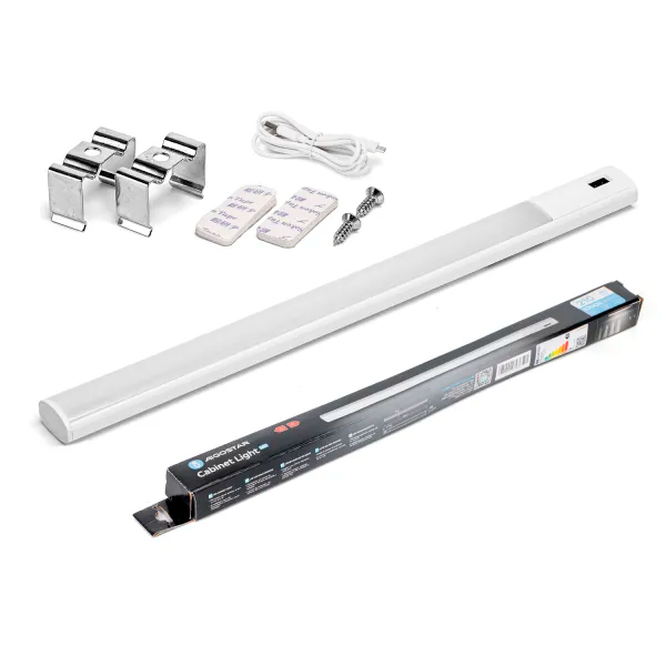 Luz LED para armário com acessórios e embalagem preta