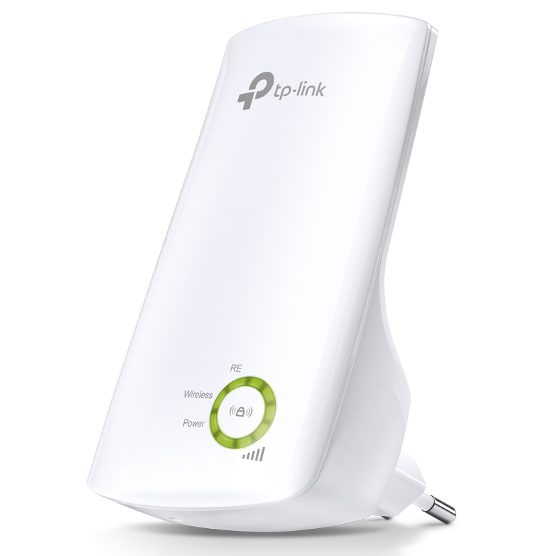 Repetidor Wi-Fi TP-Link branco com LEDs verdes e ficha elétrica embutida