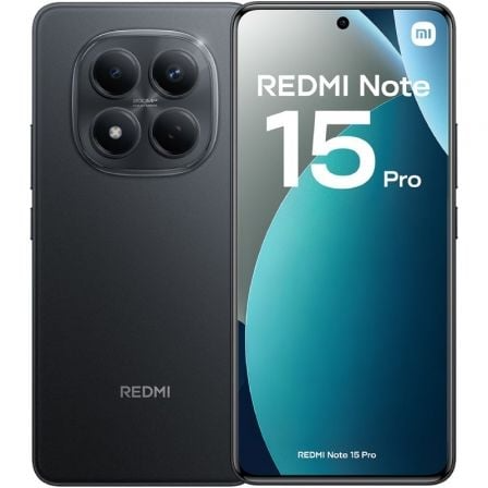 Smartphone Redmi Note 15 Pro preto com três câmaras e ecrã frontal