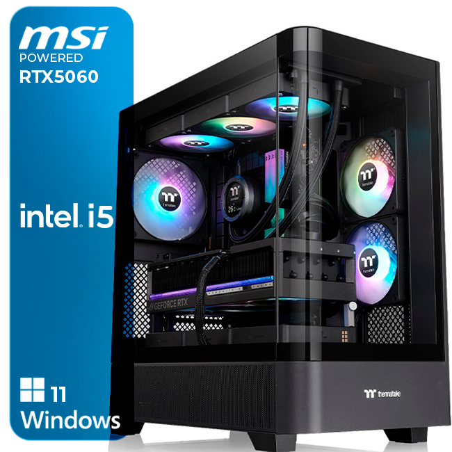 Computador com ventoinhas RGB e caixa de vidro temperado com etiquetas MSI e Intel i5.