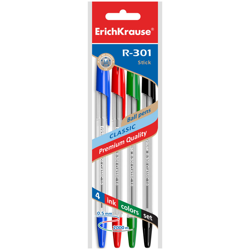 Conjunto de 4 esferográficas ErichKrause R-301 Stick em embalagem colorida