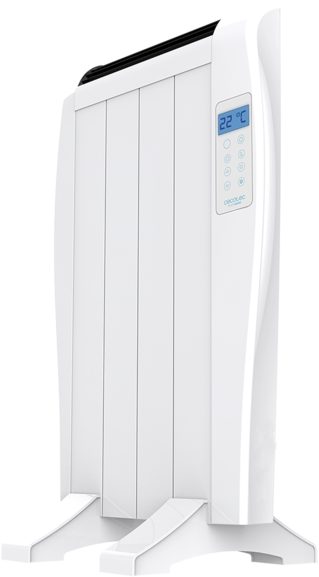 Aquecedor elétrico branco com painel digital e base larga
