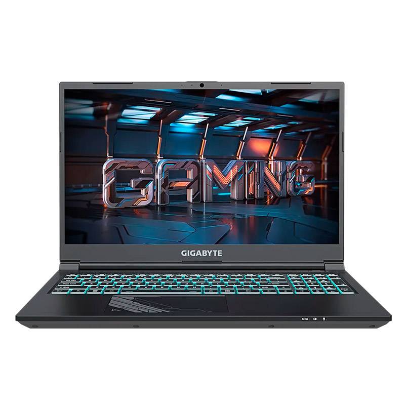 Computador portátil GIGABYTE preto com teclado azul e ecrã GAMING