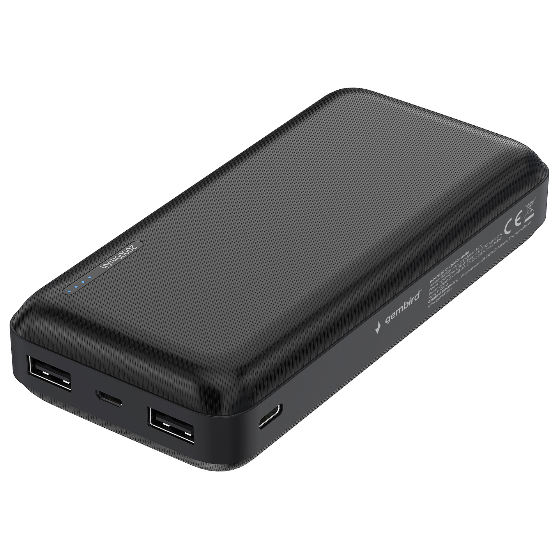 Power bank preto com duas portas USB-A e uma USB-C, capacidade 20000mAh.