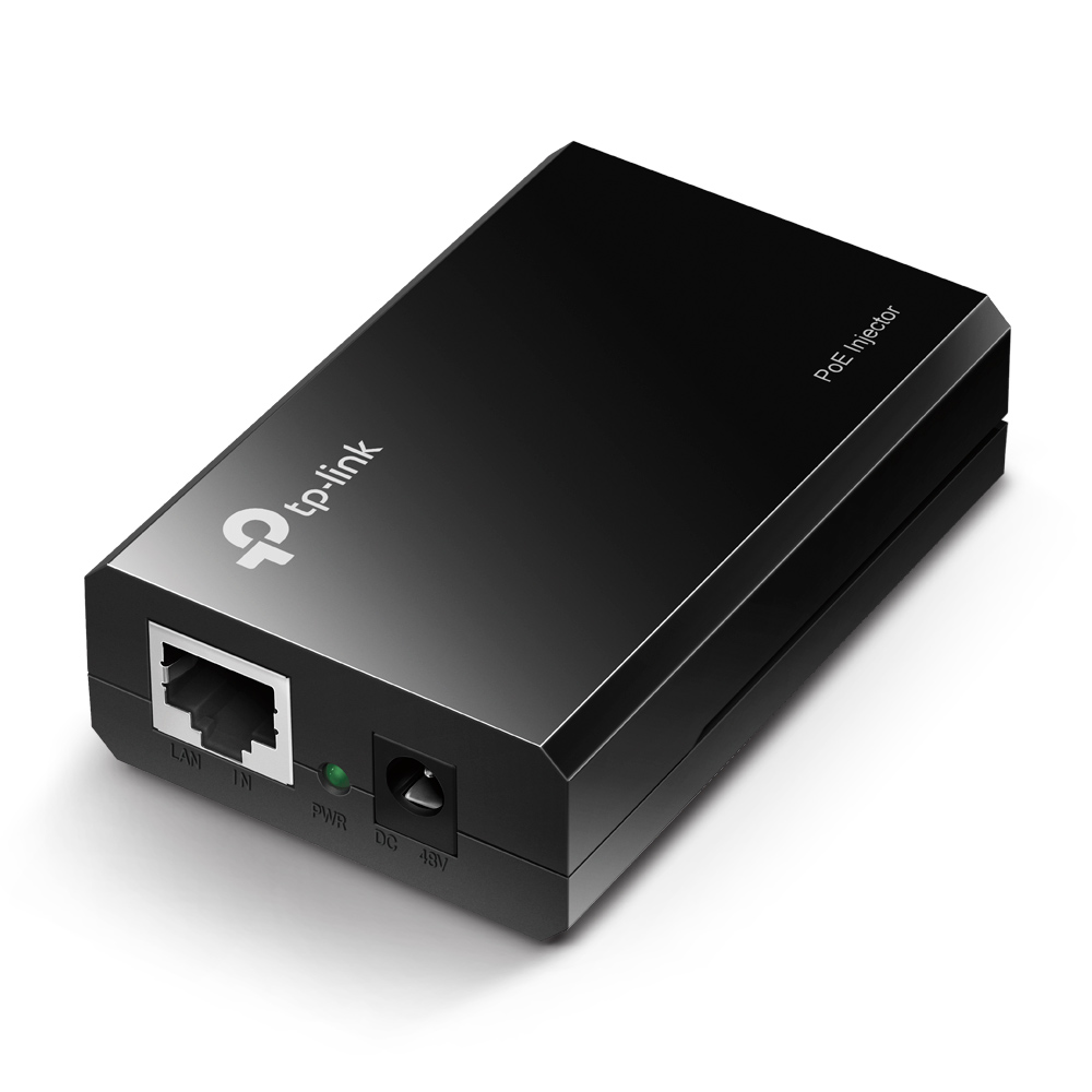 Dispositivo TP-Link preto PoE Injector com entradas LAN e DC