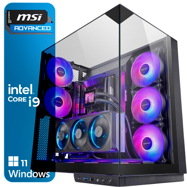 Computador desktop MSI com painel de vidro e ventoinhas LED azul e roxo