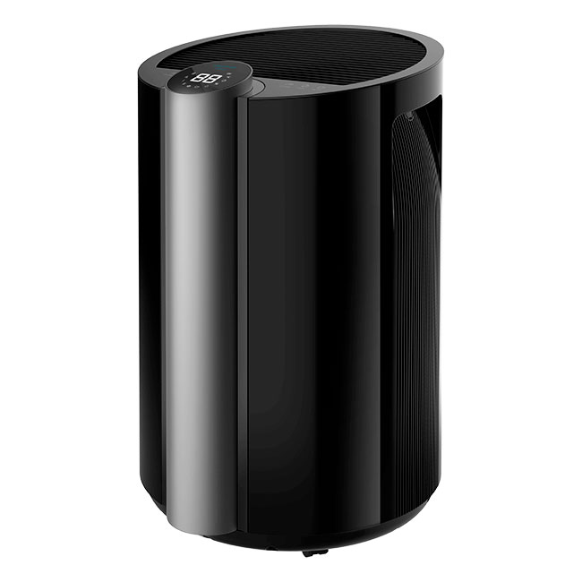 Purificador de ar preto cilíndrico com visor digital