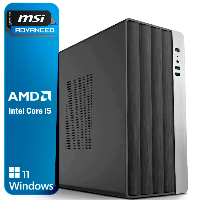 Computador de secretária preto com laterais ventiladas e painel frontal com textura de madeira escura