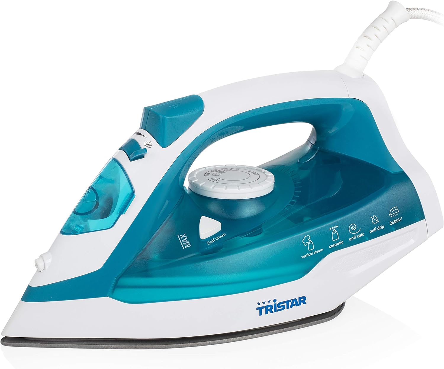 Ferro de engomar Tristar branco e azul com base cerâmica e botão Self Clean