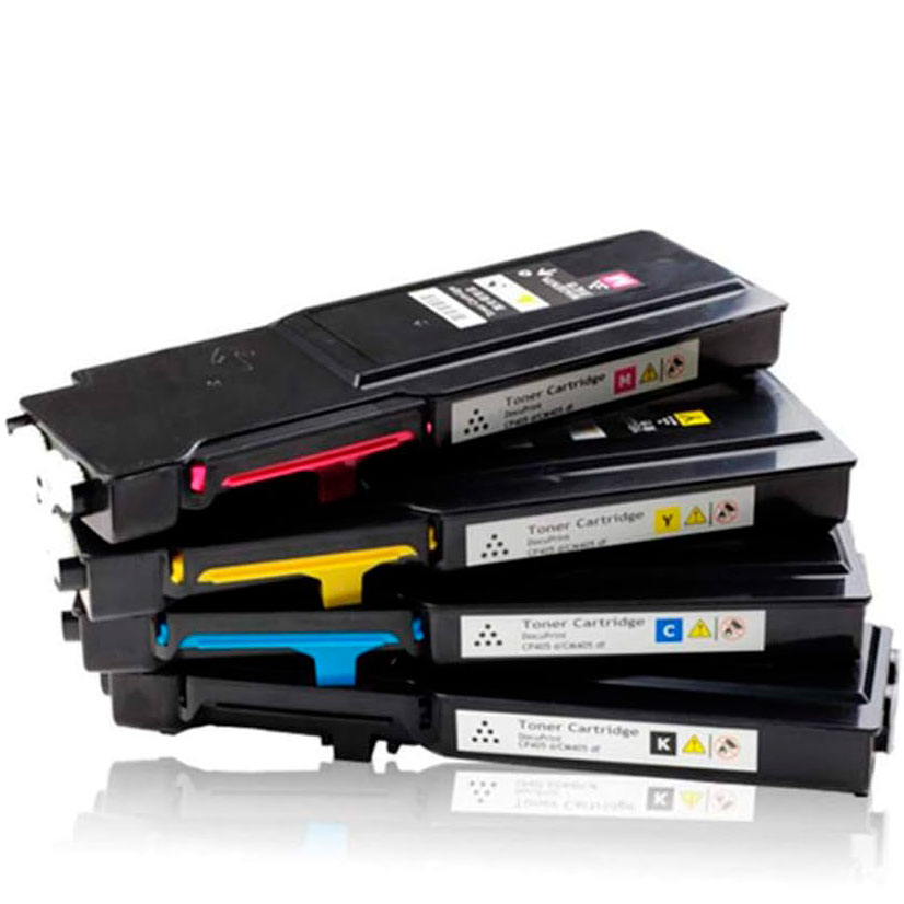 Conjunto de cartuchos de toner para impressora em quatro cores, empilhados sobre fundo branco.