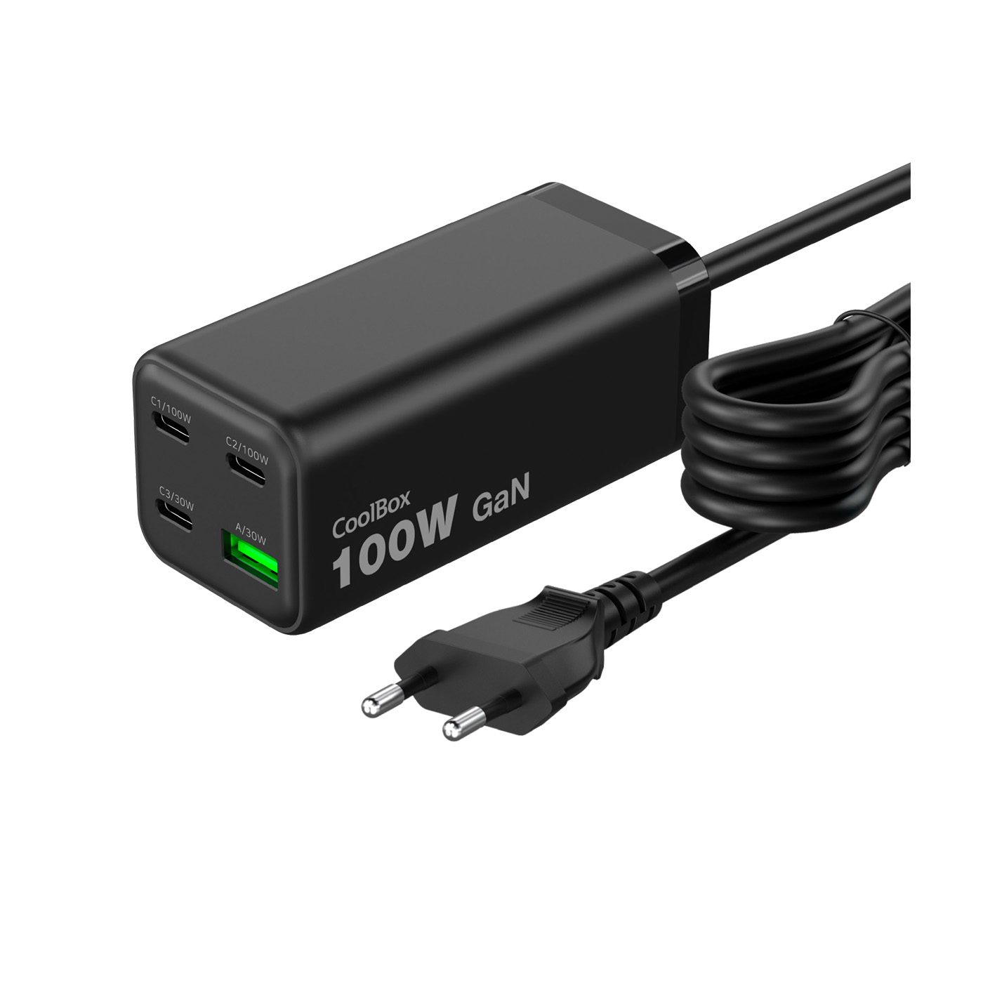 Carregador preto CoolBox 100W GaN com múltiplas portas USB e cabo preto