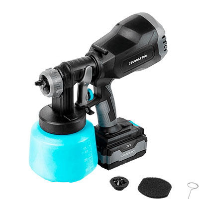Pistola de pintura elétrica preta com recipiente azul e bateria 20V.
