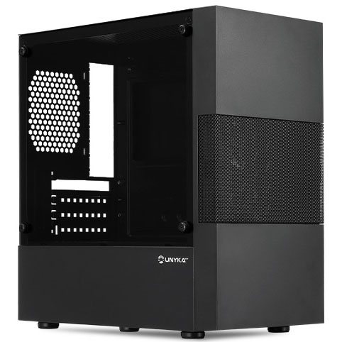 Caixa de computador preta com vidro temperado e ventoinha hexagonal