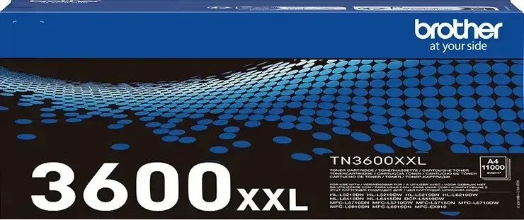 Embalagem de toner Brother TN3600XXL azul e preta com padrão de pontos azuis