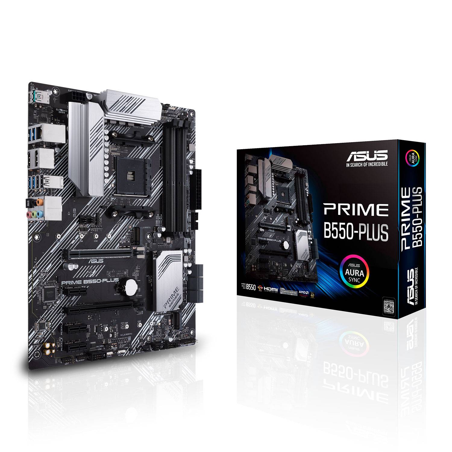 Placa-mãe Asus PRIME B550-PLUS com embalagem preta e texto ASUS PRIME B550-PLUS