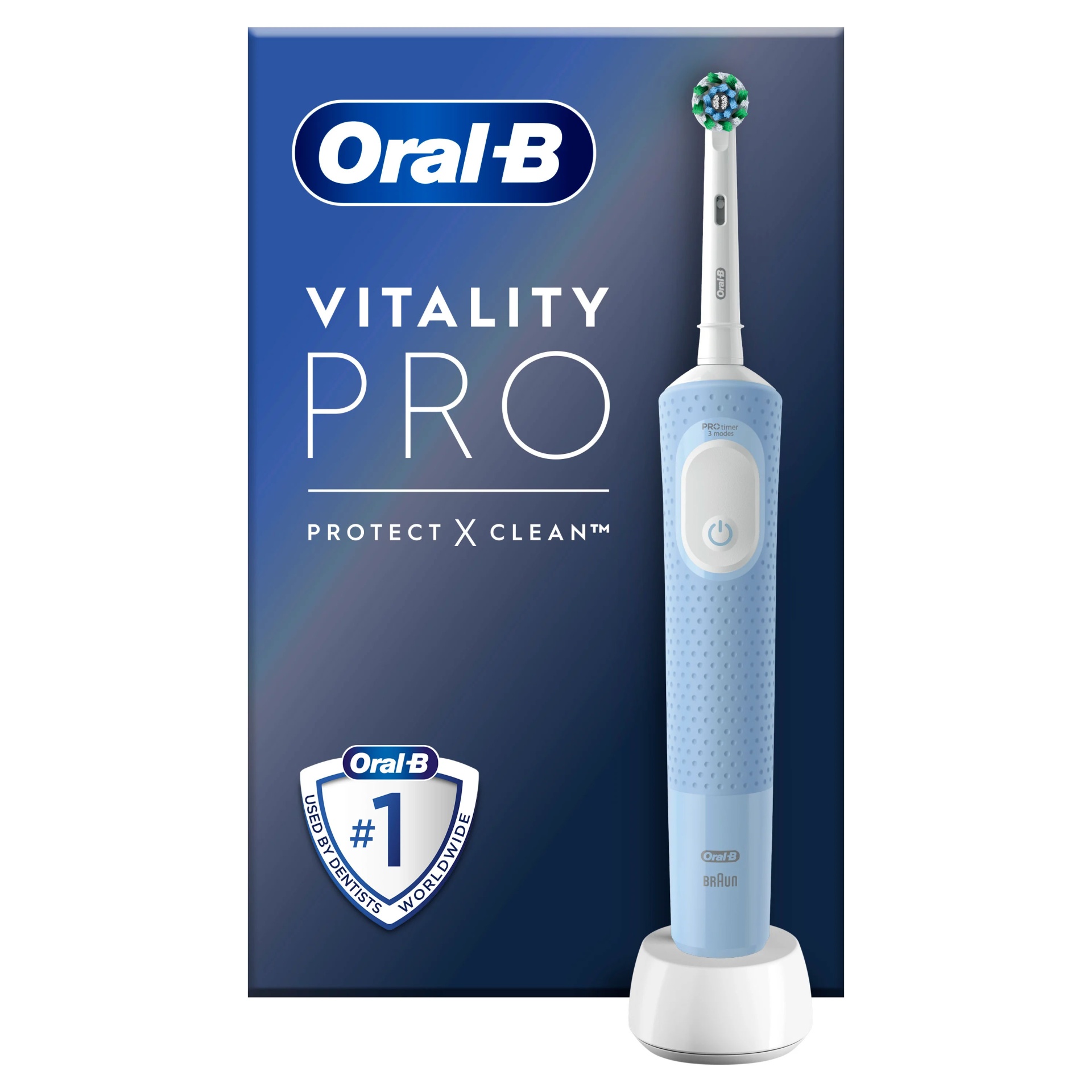 Escova de dentes elétrica Oral-B Vitality Pro azul claro com base branca e texto promocional em fundo azul