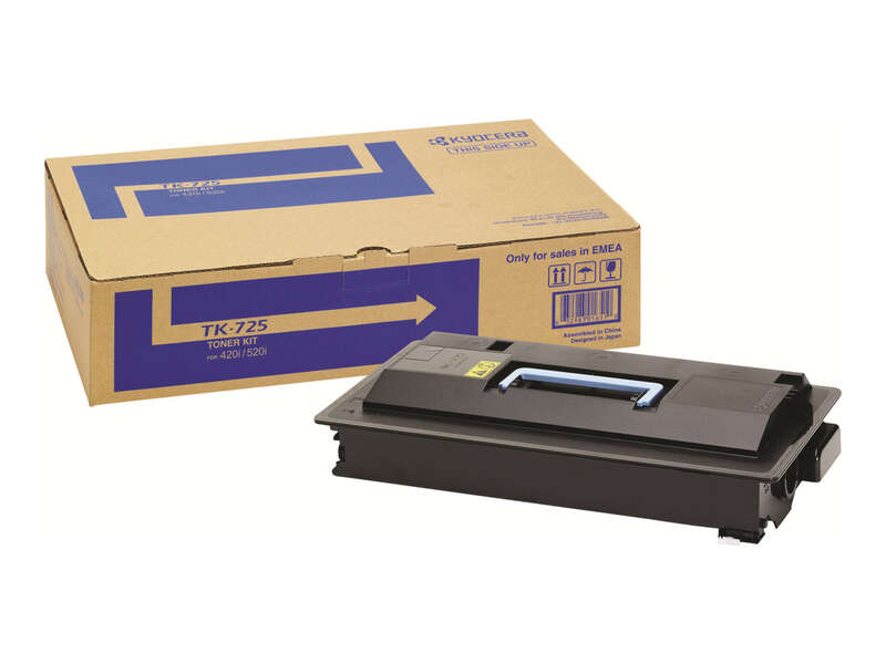 Cartucho de toner preto Kyocera TK-725 com embalagem castanha e azul