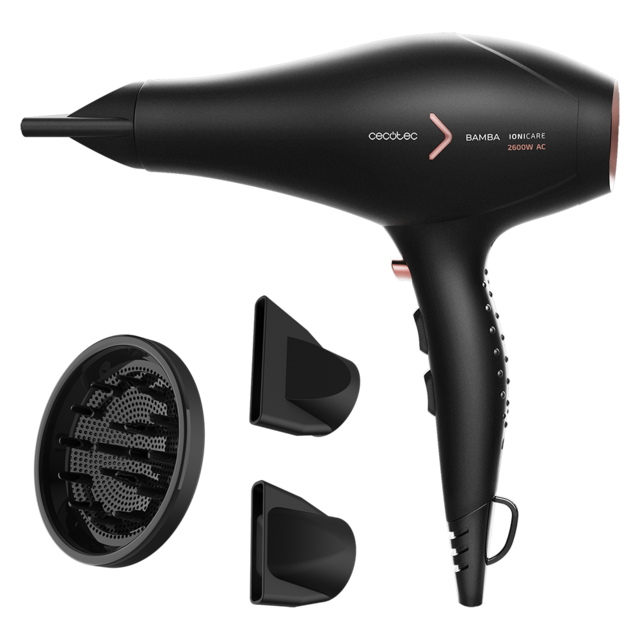 Secador de cabelo preto cecotec BAMBA IONICARE 2600W AC com três acessórios
