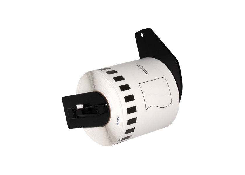 Rolo de etiquetas adesivas em suporte preto com padrão de quadrados pretos